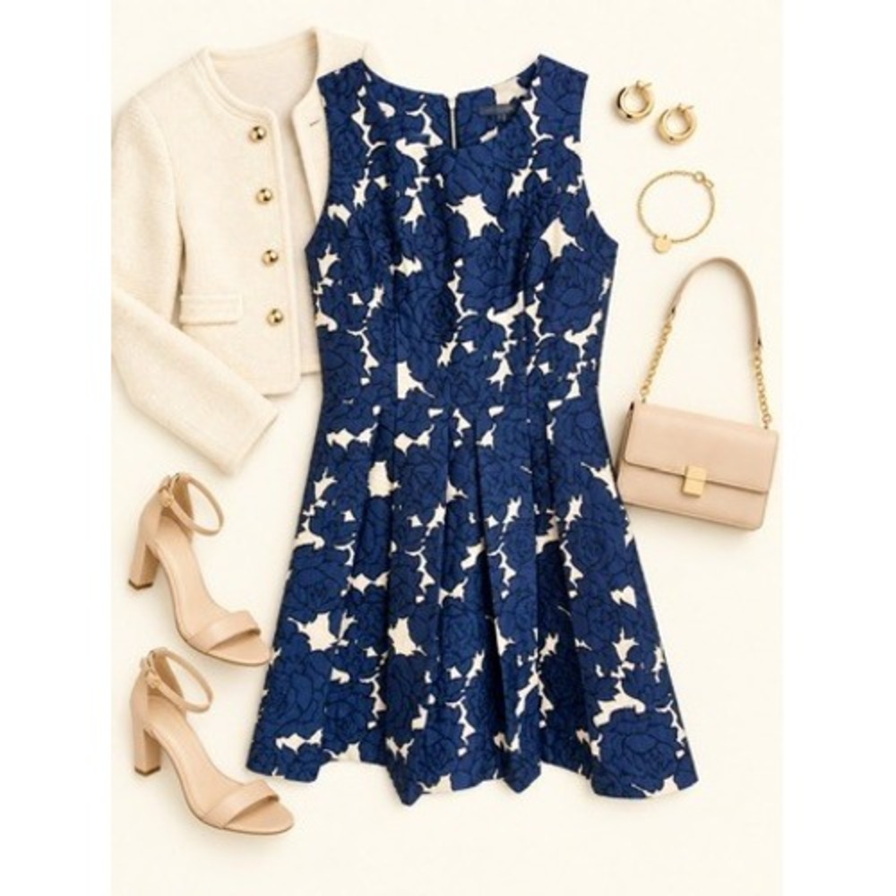 Warehouse Navy Blue Floral Jacquard Fit and Flare Sleeveless Dress Size 2